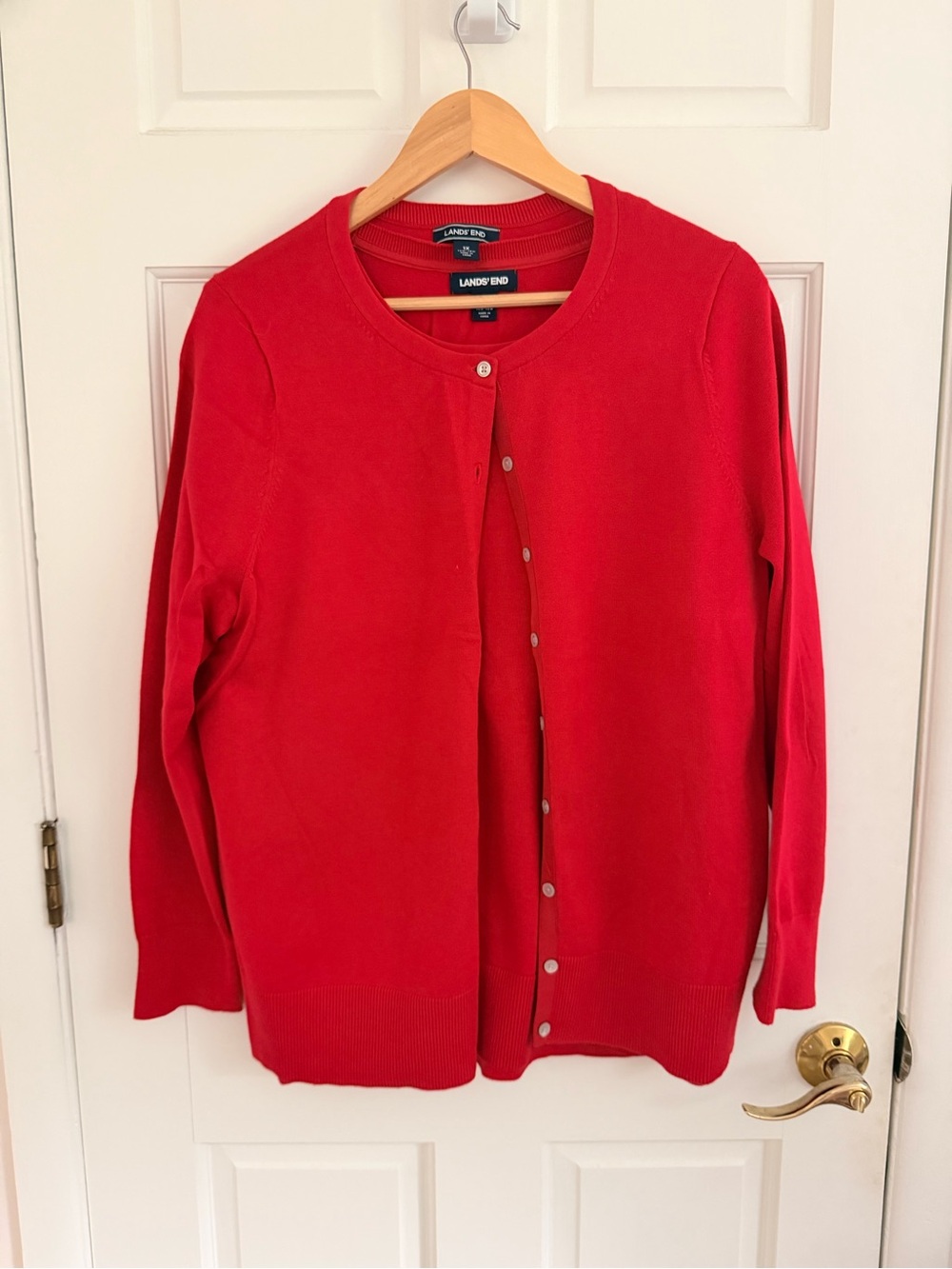 Lands' End Women's Red Crewneck Button Cardigan and Shirt Set
